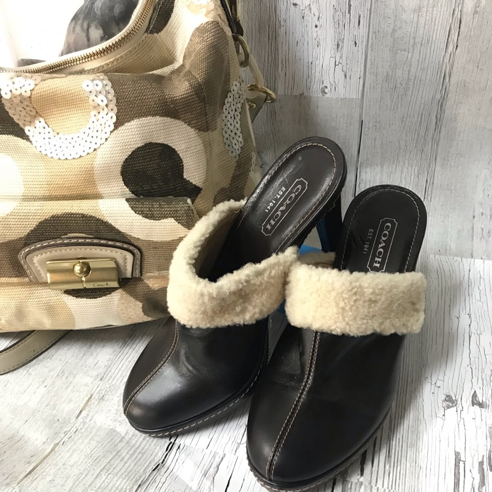 DARK BROWN COACH MULES WITH SHEARLING TRIM!!